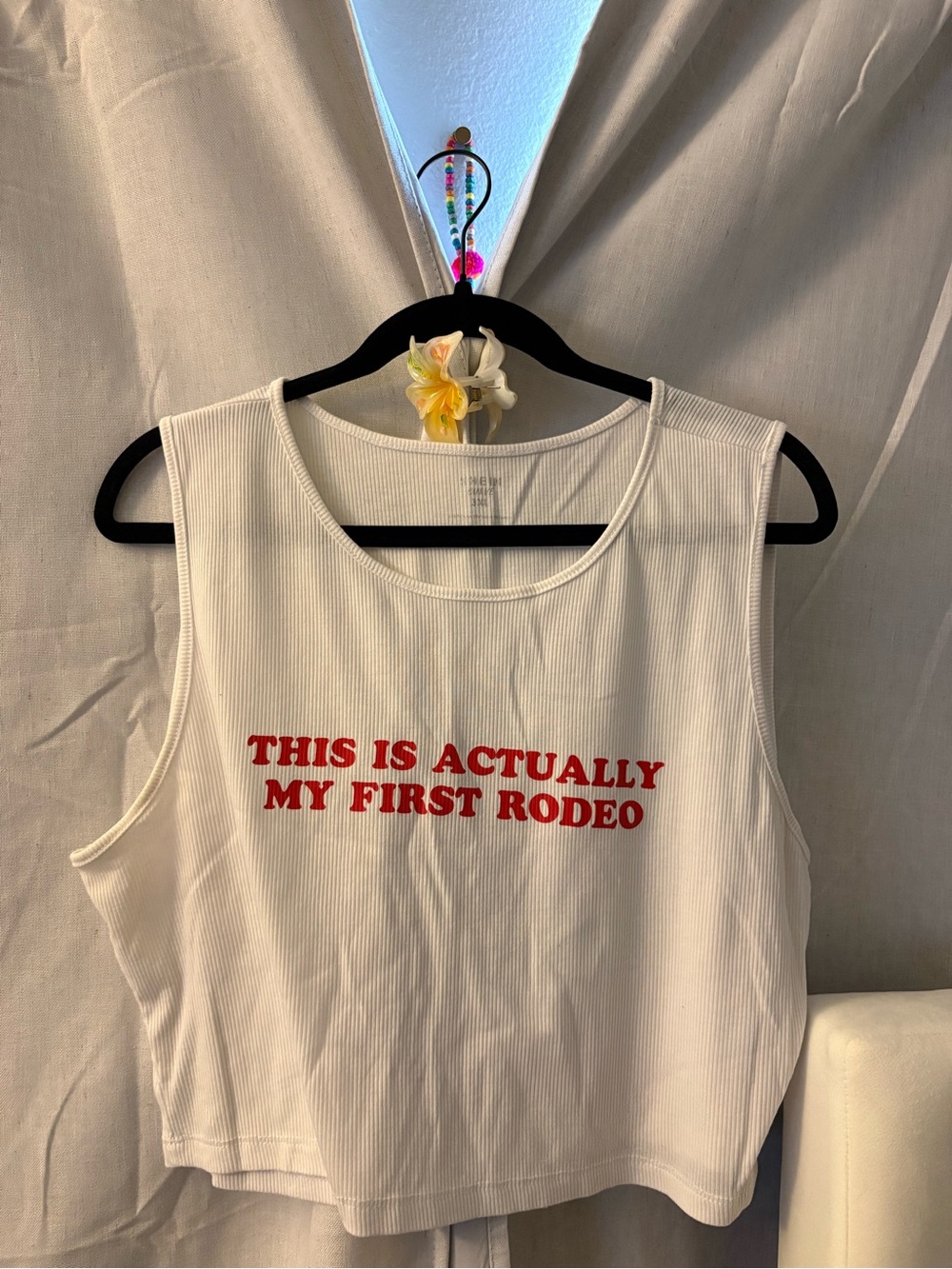 White Ribbed Crop Tank with Red 'This Is Actually My First Rodeo' - Picture 2 of 2